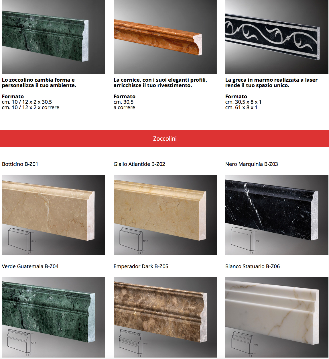 Sockelleisten, Bordüren und Zierleisten aus Naturstein und Kunststein